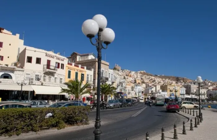 Framed Print : Hermoupolis, Syros Island, Greece. Main street shops and traffic Framed Print : Hermoupolis, Syros Island, Greece. Main street shops and traffic