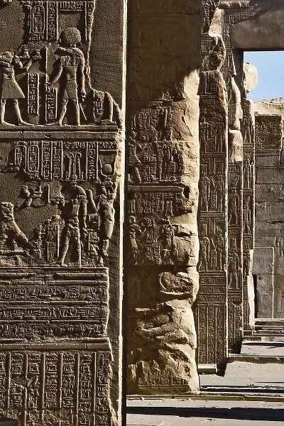 Hieroglyphs on columns in Temple of Kom-Ombo, Aswan, Egypt