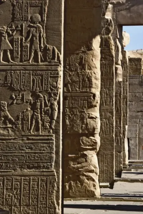 Framed Print : Hieroglyphs on columns in Temple of Kom-Ombo, Aswan, Egypt