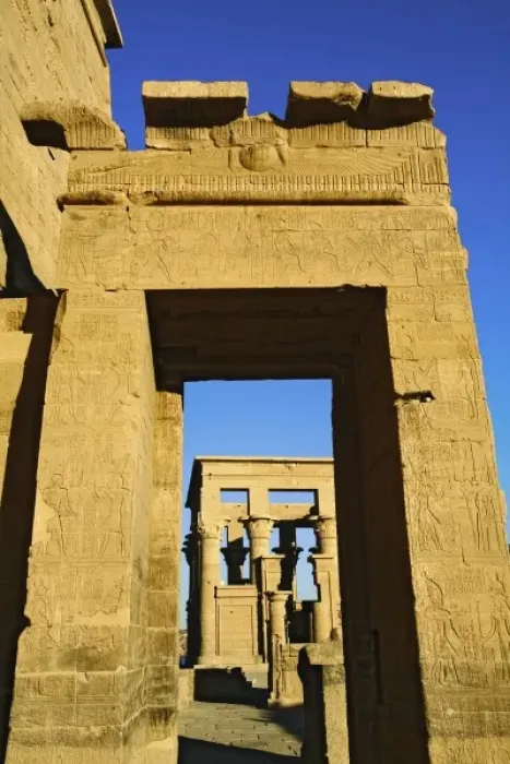 Framed Print : Hieroglyphs on columns, Temple of Philae, on Agilika, an island in the Nile River Framed Print : Hieroglyphs on columns, Temple of Philae, on Agilika, an island in the Nile River
