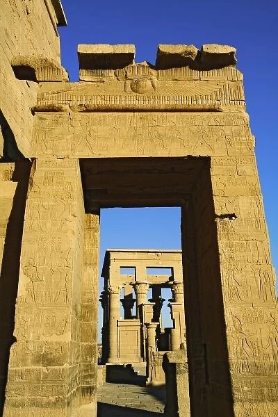 Hieroglyphs on columns, Temple of Philae, on Agilika, an island in the Nile River