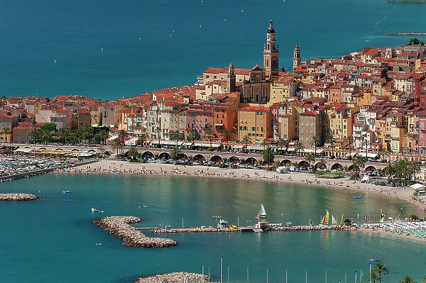 A high angle view of Menton, with local beaches and harbors. Provence Alpes Cote d'Azur, France