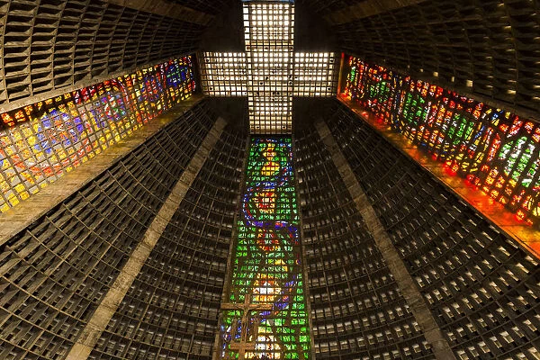 The high ceiling of the Metropolitan Cathedral of Saint Sebastian, Rio, Brazil shown