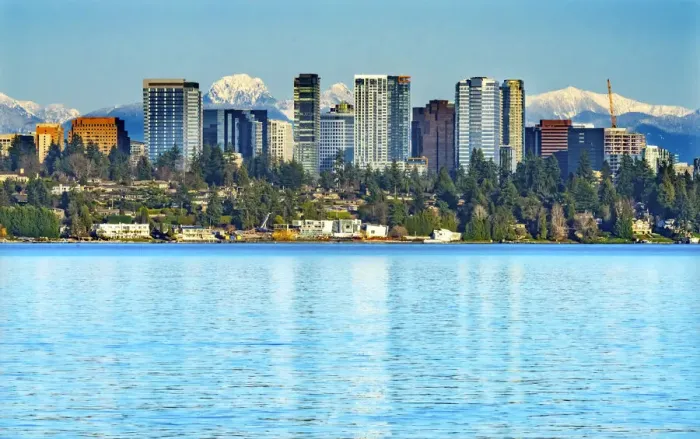 Framed Print : High-rise buildings, Lake Washington and snowcapped Cascade Mountains, Bellevue Framed Print : High-rise buildings, Lake Washington and snowcapped Cascade Mountains, Bellevue