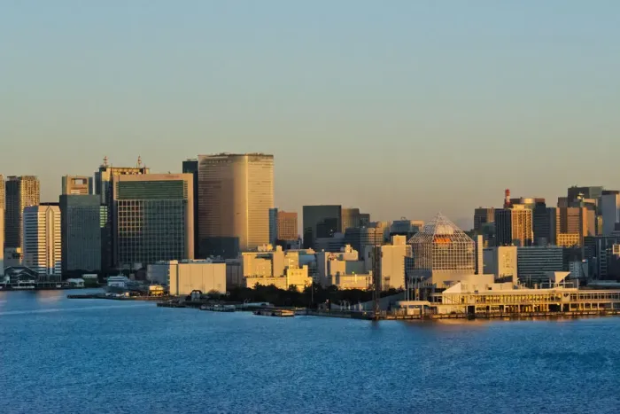 Framed Print : High rises along the waterfront in Tokyo Harbor at dawn, Tokyo, Japan