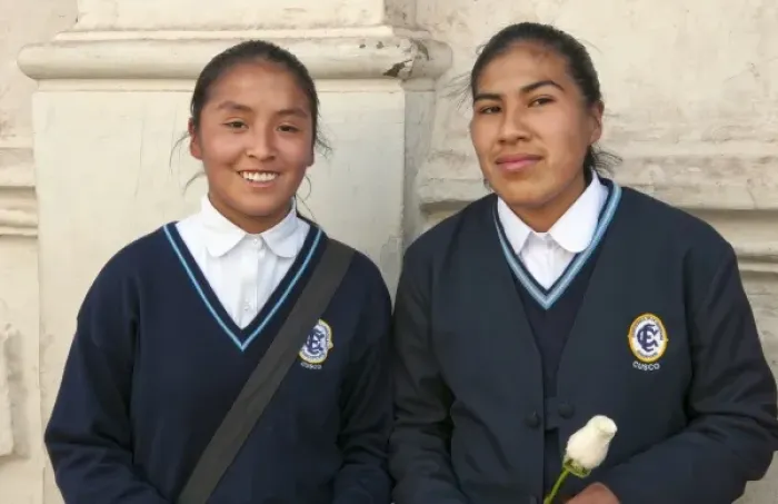 Framed Print : High school girls aged 17 in uniform in Cusco Cuzco Peru (MR)