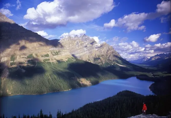 Framed Print : Hiker in red jacket overlooking Peyto Lake, Banff National Park, Canada Framed Print : Hiker in red jacket overlooking Peyto Lake, Banff National Park, Canada