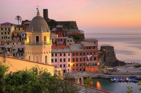 Hillside town of Vernazza in the evening, Cinque Terre, Liguria region, Italy