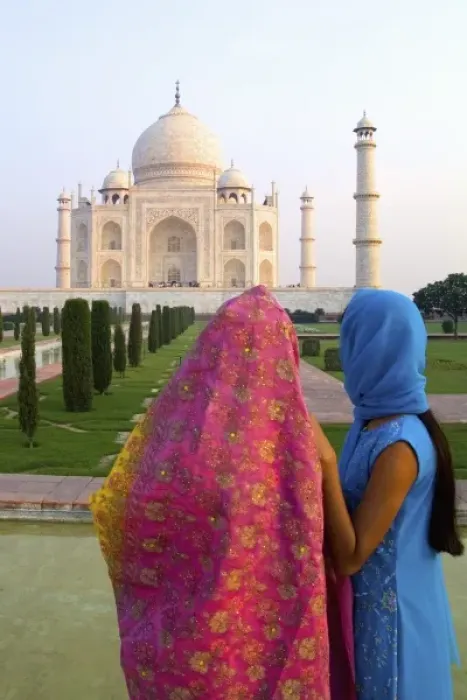Framed Print : Hindu women with colorful veils in the quiet peaceful Taj Mahal one of the wonders Framed Print : Hindu women with colorful veils in the quiet peaceful Taj Mahal one of the wonders