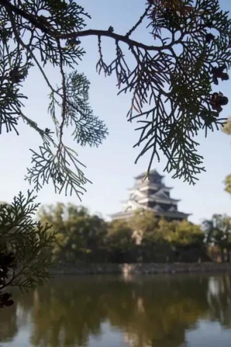 Framed Print : Hiroshima Castle and its moat framed by the local landscape in Hiroshima, Japan