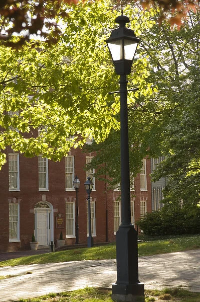 Historic brick building near State Capitol Building, with lamp post, Annapolis, Maryland