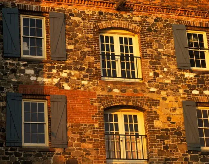 Framed Print : Historic building along River Street, bricks and stone, Sav GA