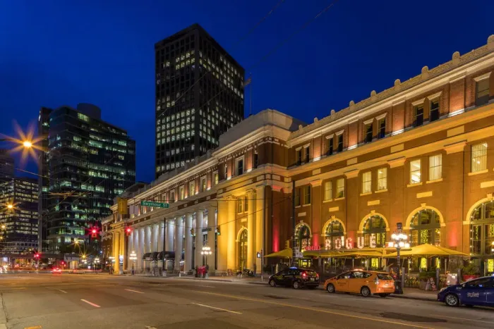 Framed Print : Historic Canadian Pacific Railway building at duskin Vancouver, British Columbia, Canada