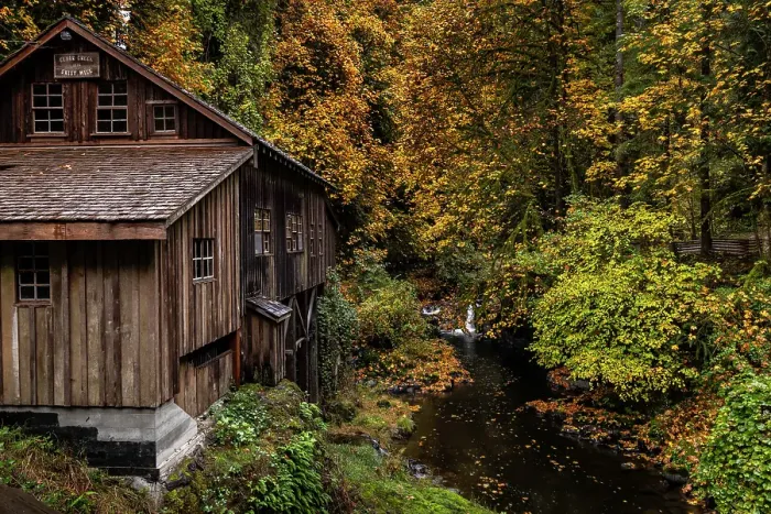 Framed Print : Historic grist mill over Cedar Creek in Woodland, Washington State, USA