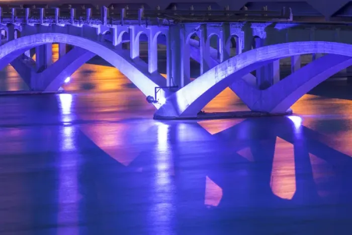 Framed Print : Historic Ninth Street Bridge glows at dusk on the Missouri River in Great Falls, Montana Framed Print : Historic Ninth Street Bridge glows at dusk on the Missouri River in Great Falls, Montana