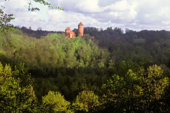 Framed Print : Historic Turaida Castle on the lushly forested banks of the Gauja River in the Gauja National Park
