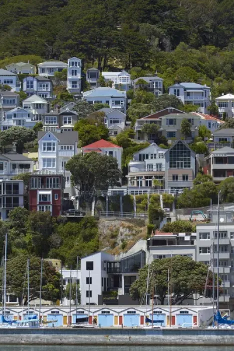 Framed Print : Historic Villas, Oriental Bay, and boatsheds at Clyde Quay Marina, Wellington, North Island