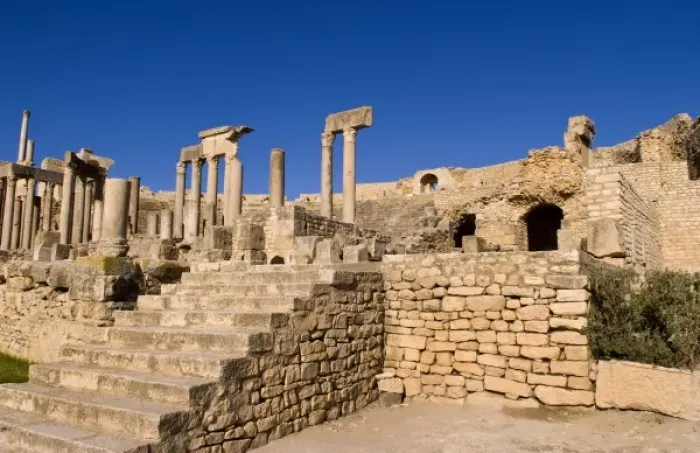 Framed Print : Historical 2nd Century Roman Theater ruins in Dougga in Tunisia Northern Africa Framed Print : Historical 2nd Century Roman Theater ruins in Dougga in Tunisia Northern Africa