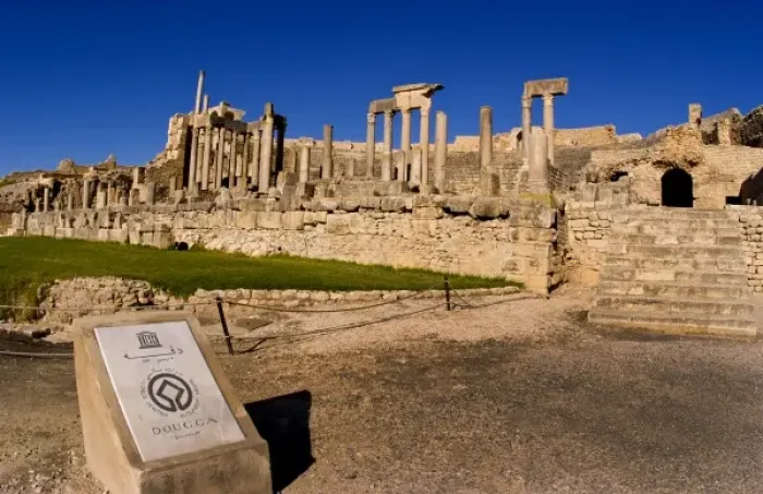 Framed Print : Historical 2nd Century Roman Theater ruins in Dougga in Tunisia Northern Africa