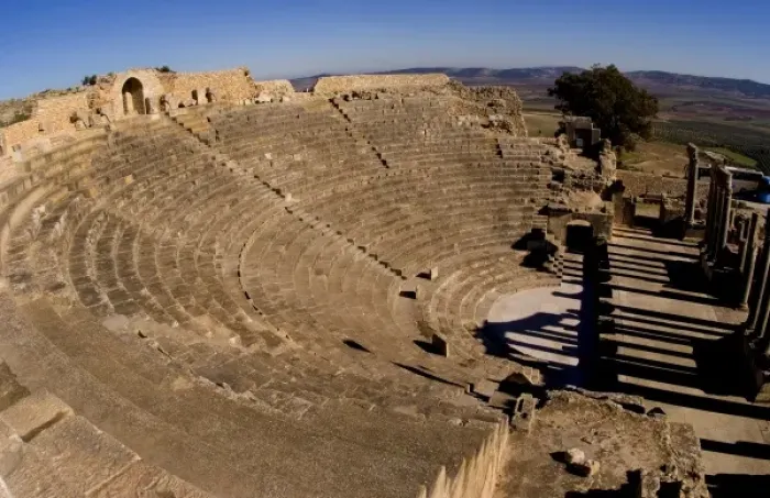 Framed Print : Historical 2nd Century Roman Theater ruins in Dougga in Tunisia Northern Africa