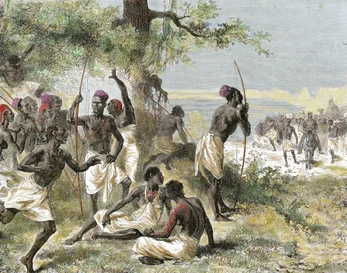 Framed Print : History of Africa. The caravan of Dr. Livingstone found a group of armed natives Framed Print : History of Africa. The caravan of Dr. Livingstone found a group of armed natives
