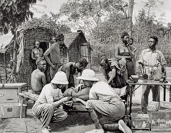 History of Africa. Doctors in an expedition of European explorers, examining the