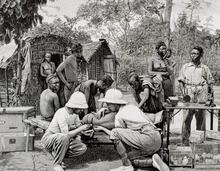 Framed Print : History of Africa. Doctors in an expedition of European explorers, examining Framed Print : History of Africa. Doctors in an expedition of European explorers, examining