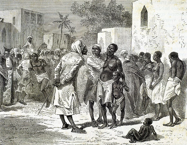 HISTORY OF AFRICA. Slave market in Zanzibar. Engraving by Hildibrand. 1882