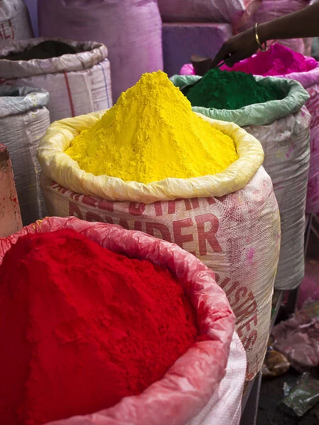 Holi powder paint for sale, the festival of colors, Varanasi, Uttar Pradesh, India