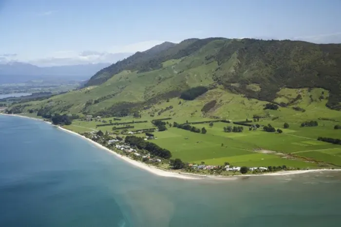 Framed Print : Holiday Homes, Pakawau, and Burnett Range, Golden Bay, Nelson Region, South Island