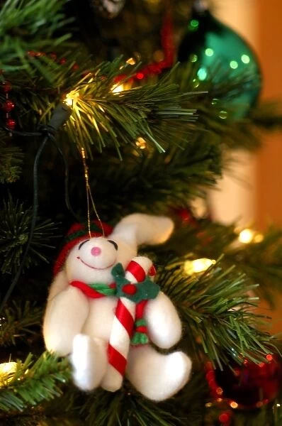 Holiday still life. Christmas tree with stuffed rabbit ornament. Property released
