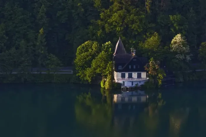 Framed Print : Home on shoreline of Lake Bled at sunrise, Bled, Slovenia Framed Print : Home on shoreline of Lake Bled at sunrise, Bled, Slovenia