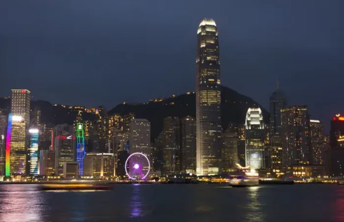 Framed Print : Hong Kong China skyline harbour night with new Ferris Wheel in city skyscrapers Framed Print : Hong Kong China skyline harbour night with new Ferris Wheel in city skyscrapers