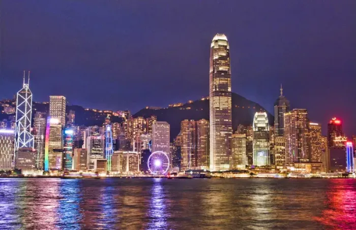 Framed Print : Hong Kong China skyline harbour night with new Ferris Wheel in city skyscrapers Framed Print : Hong Kong China skyline harbour night with new Ferris Wheel in city skyscrapers