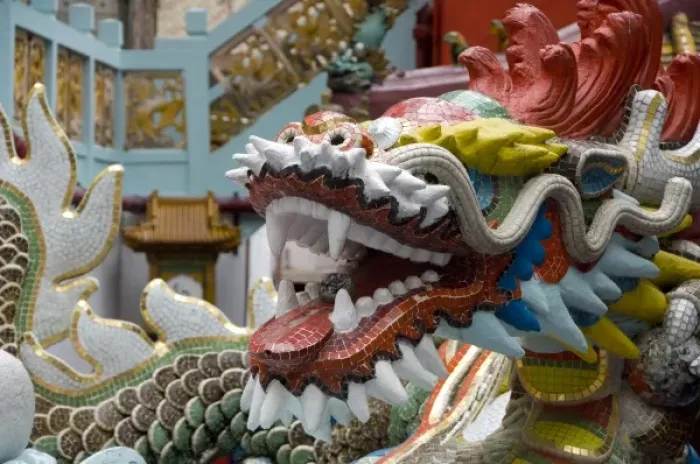Framed Print : Hong Kong, Hong Kong Island. Goddess of Mercy temple at Repulse Bay. Mosaic dragon statue