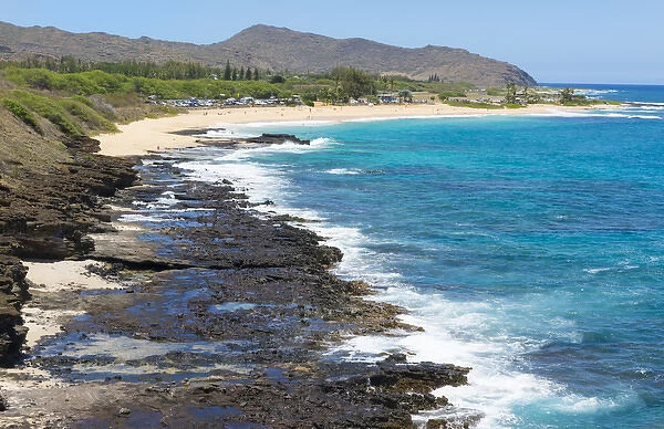 Honolulu Hawaii Oahu Halona Bay wtth rocks and blue water ocean