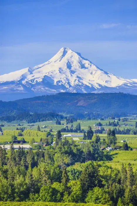 Framed Print : Hood River, Oregon. Snow covered Mount Hood, foothills, valley, farmland with orchards Framed Print : Hood River, Oregon. Snow covered Mount Hood, foothills, valley, farmland with orchards