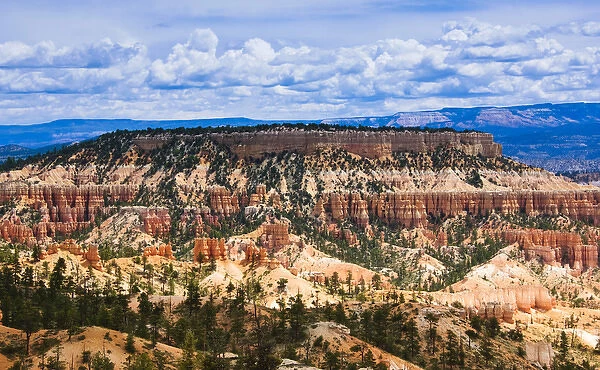 Hoodoos protect a distand mesa in Bryce Canyon - Bryce National Park, UT