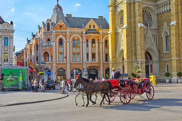 Horse carriage with the Name of Mary Church in Liberty Square, Novi Sad, Serbia