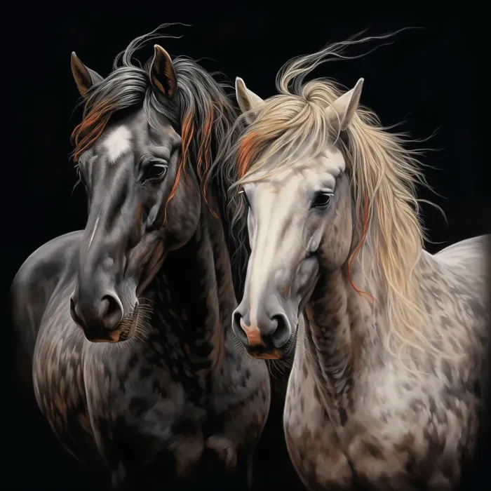 Framed Print : Two horses close-up. Painting-style. (AI Generated) Framed Print : Two horses close-up. Painting-style. (AI Generated)