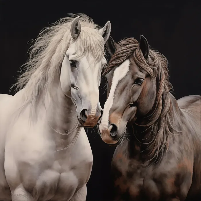 Framed Print : Two horses close-up. Painting-style. (AI Generated) Framed Print : Two horses close-up. Painting-style. (AI Generated)