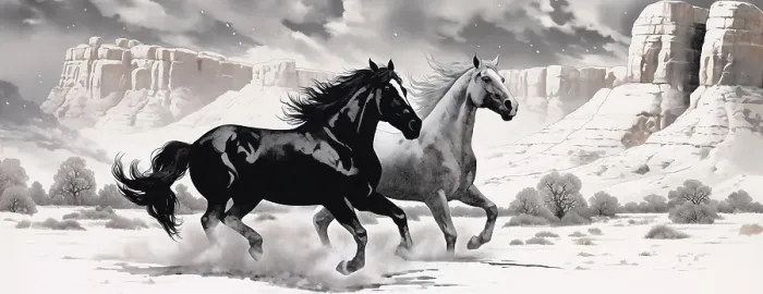 Framed Print : Two horses running. Illustration-style. (AI Generated) Framed Print : Two horses running. Illustration-style. (AI Generated)