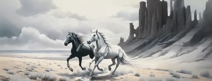 Framed Print : Two horses running. Illustration-style. (AI Generated) Framed Print : Two horses running. Illustration-style. (AI Generated)