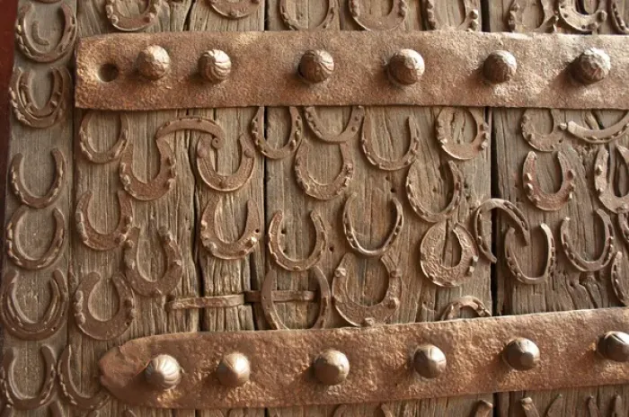 Framed Print : Horseshoes decorate a wooden door, Jama Masjid, Fatehpur Sikri, Uttar Pradesh, India