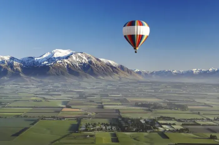 Framed Print : Hot-air Balloon, near Methven, Canterbury Plains, South Island, New Zealand - aerial
