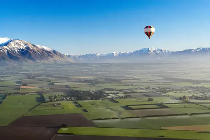 Framed Print : Hot-air Balloon, near Methven, Canterbury Plains, South Island, New Zealand - aerial