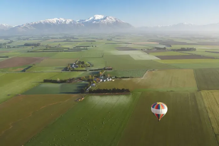 Framed Print : Hot-air Balloon, near Methven, Canterbury Plains, South Island, New Zealand - aerial