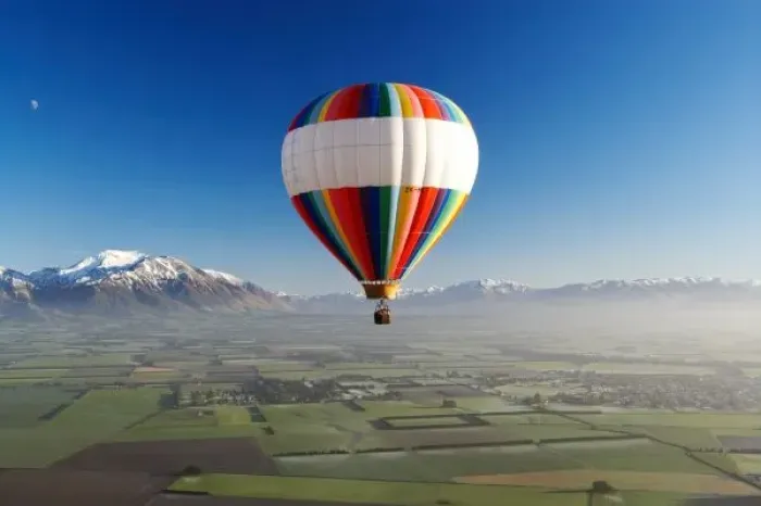 Framed Print : Hot-air Balloon, near Methven, Canterbury Plains, South Island, New Zealand - aerial