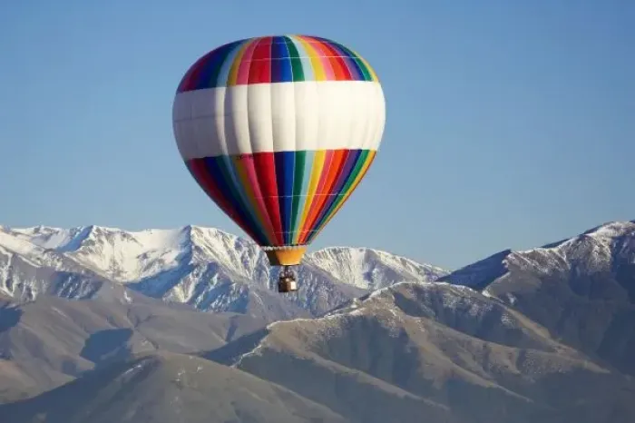 Framed Print : Hot-air Balloon, near Methven, Canterbury Plains, South Island, New Zealand - aerial