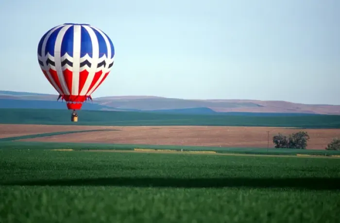 Framed Print : Hot air balloon; wheat fields; Walla Walla, Washington; red, white, and blue; flight